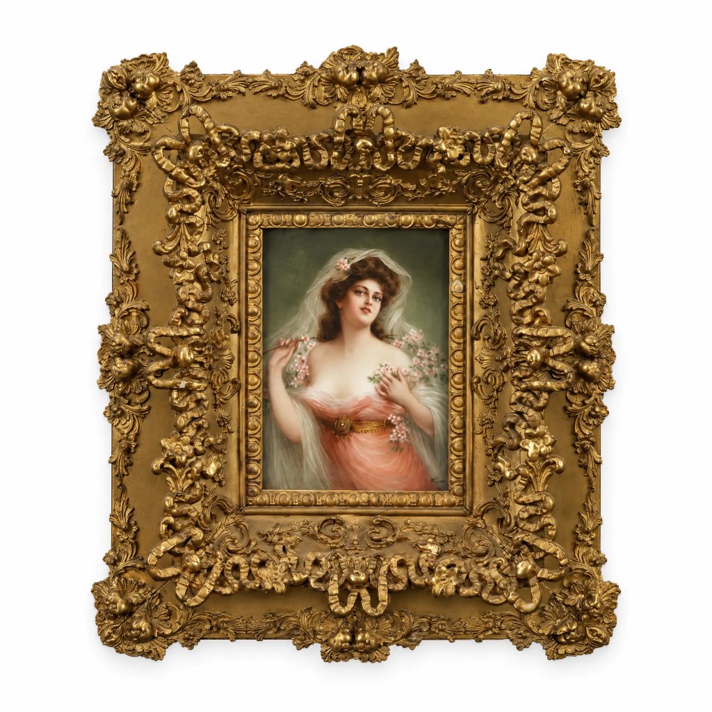 Antique 19th-century German KPM hand-painted porcelain portrait of an elegant lady in an ornate gilt frame