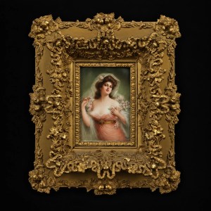 Antique 19th-century German KPM hand-painted porcelain portrait of an elegant lady in an ornate gilt frame