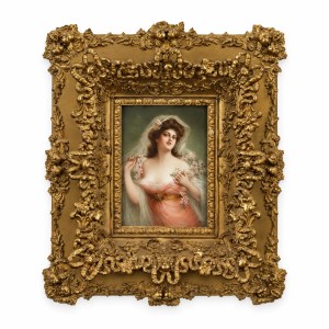 Antique 19th-century German KPM hand-painted porcelain portrait of an elegant lady in an ornate gilt frame