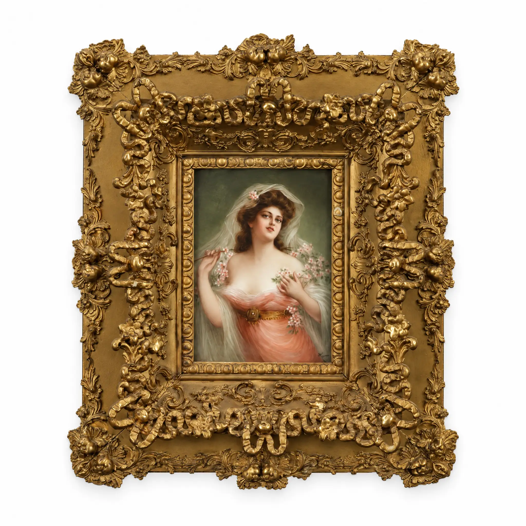 Antique 19th-century German KPM hand-painted porcelain portrait of an elegant lady in an ornate gilt frame