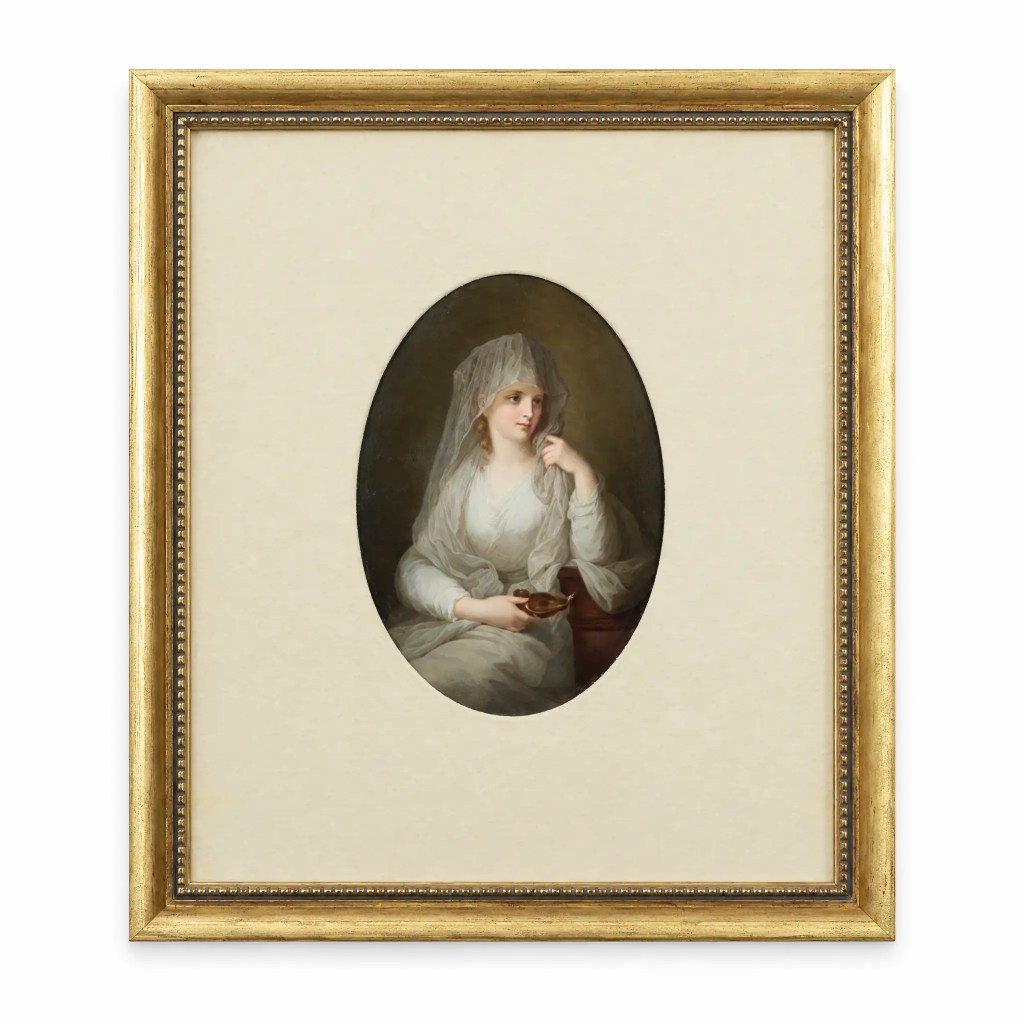 Antique 19th-century KPM hand-painted porcelain portrait of an elegant lady in a white gown and veil