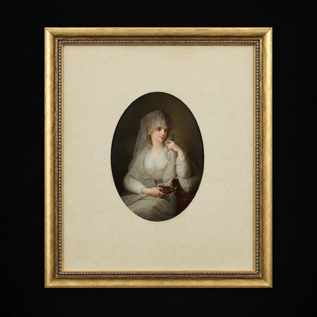 Antique 19th-century KPM hand-painted porcelain portrait of an elegant lady in a white gown and veil