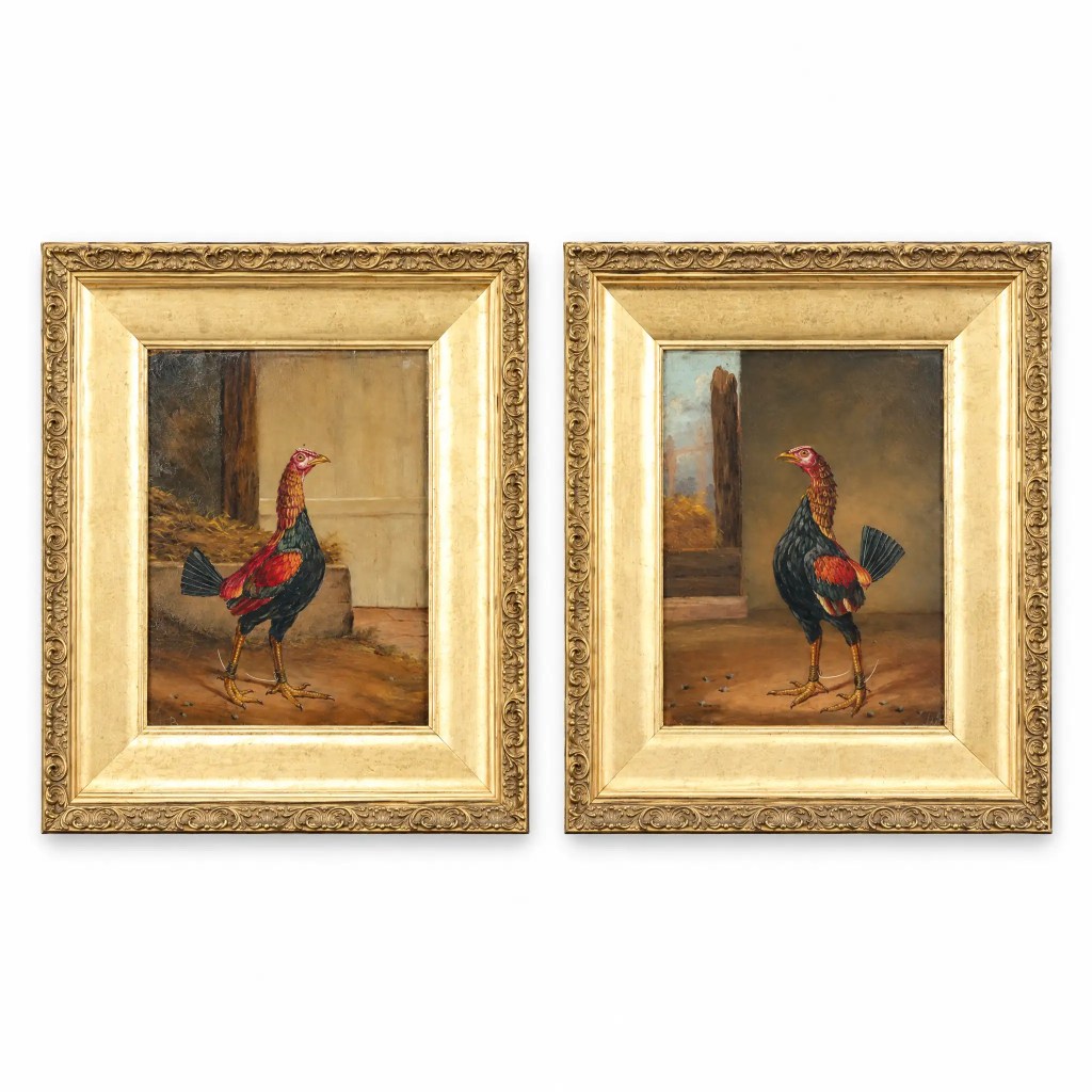Pair of antique 19th-century rooster oil paintings on panel in matching ornate gilt frames
