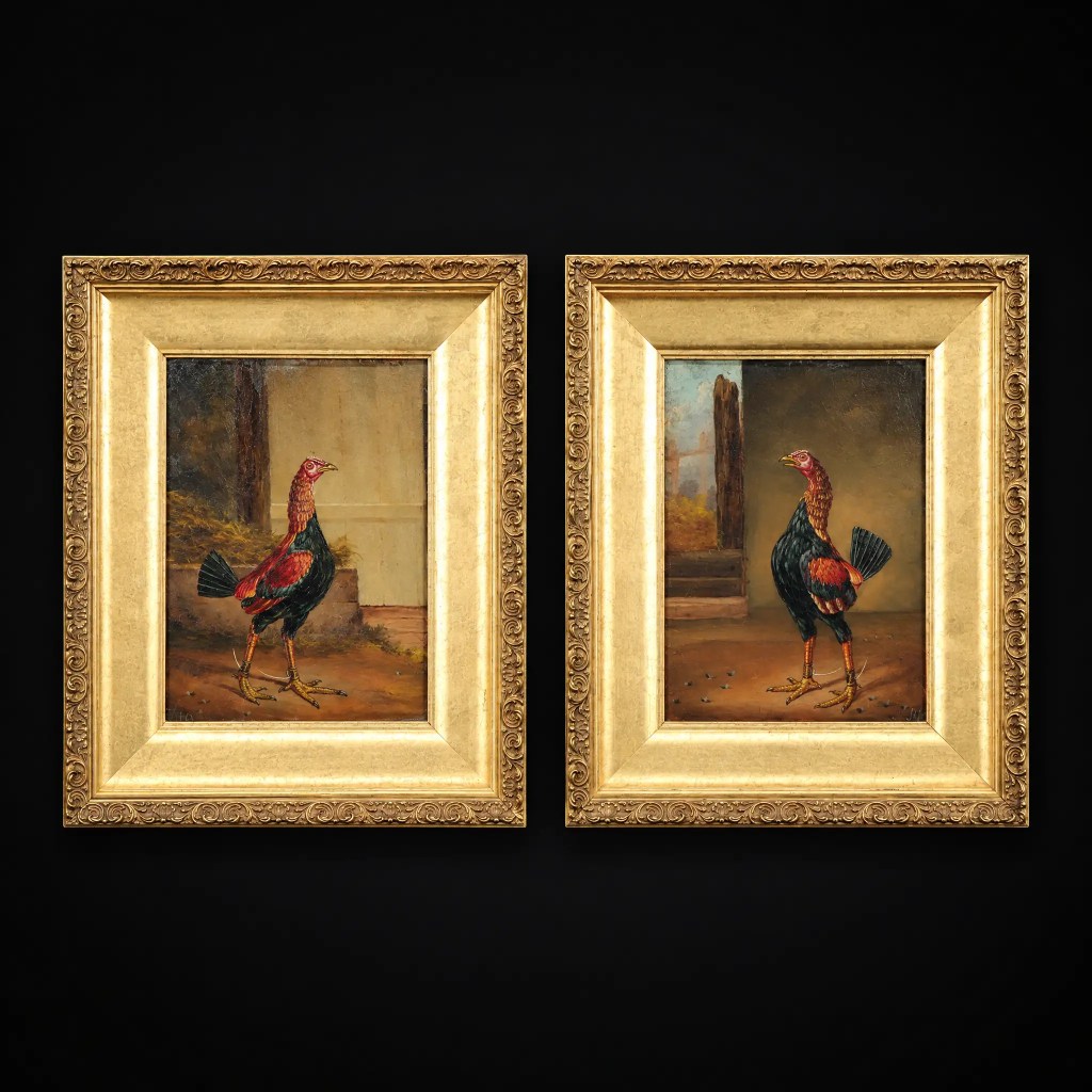 Pair of antique 19th-century rooster oil paintings on panel in matching ornate gilt frames