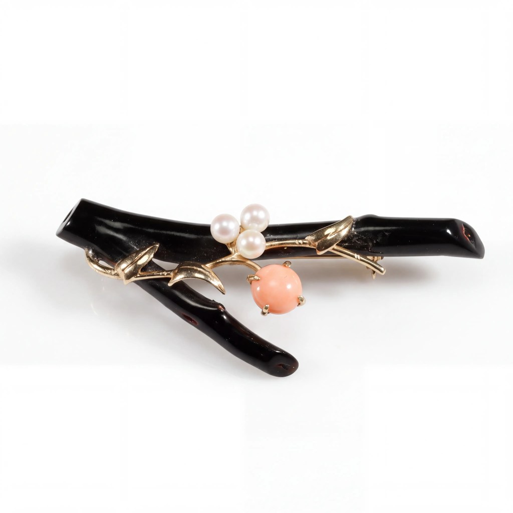 Antique Four Seas brooch with natural black coral, Mediterranean coral, pearls and gold