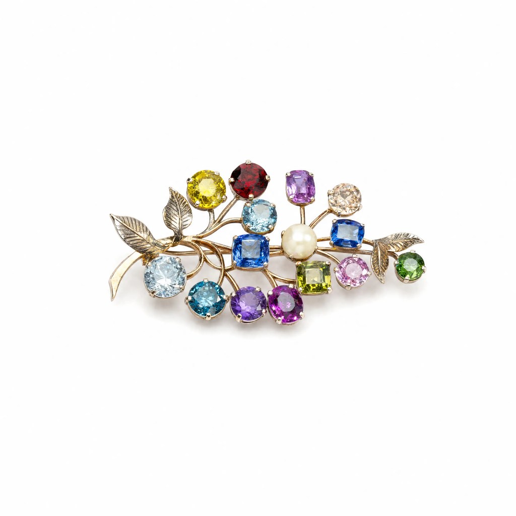 Vintage gold botanical branch brooch with natural multicolored gemstones, pearl and detailed leaves