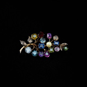 Vintage gold botanical branch brooch with natural multicolored gemstones, pearl and detailed leaves