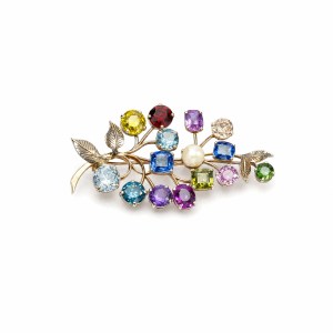Vintage gold botanical branch brooch with natural multicolored gemstones, pearl and detailed leaves