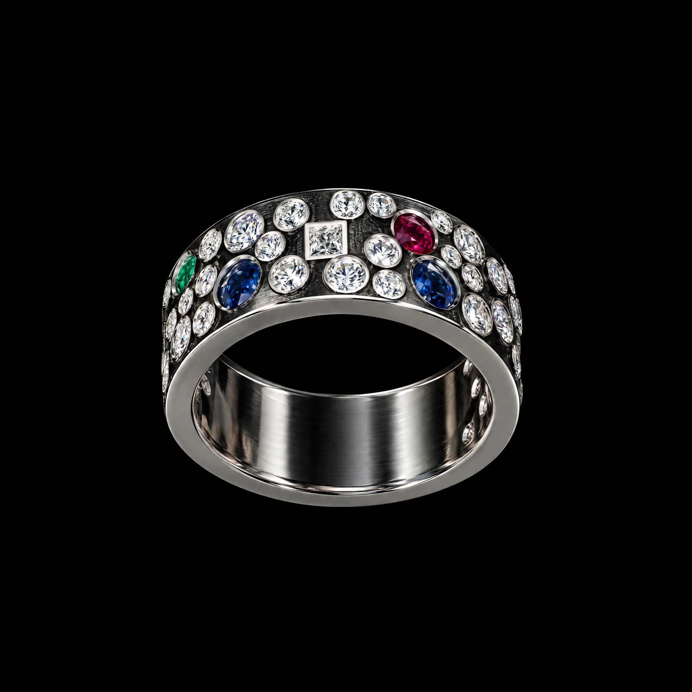 950 platinum diamond band with natural ruby sapphire and emerald gemstones