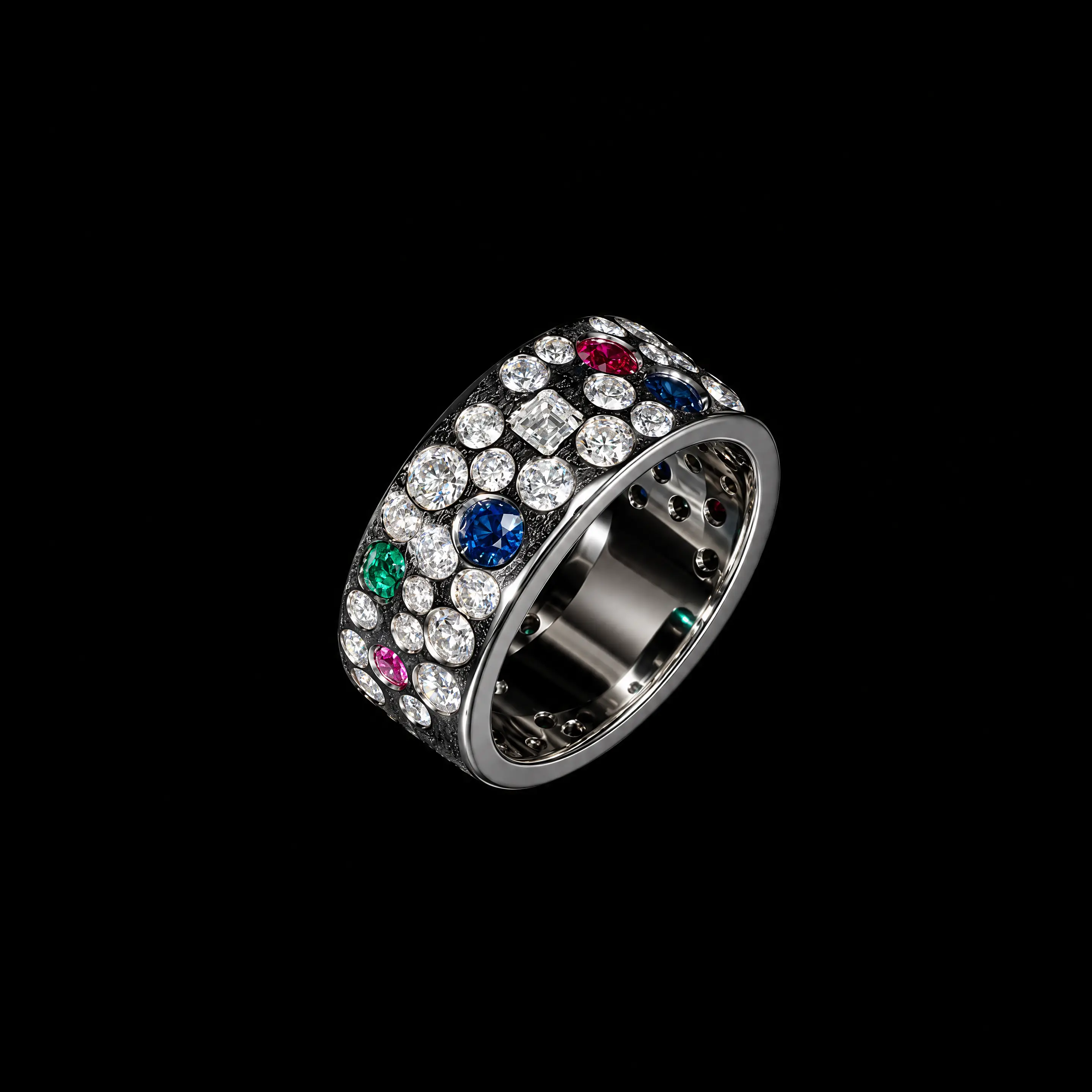 950 platinum diamond band with natural ruby sapphire and emerald gemstones