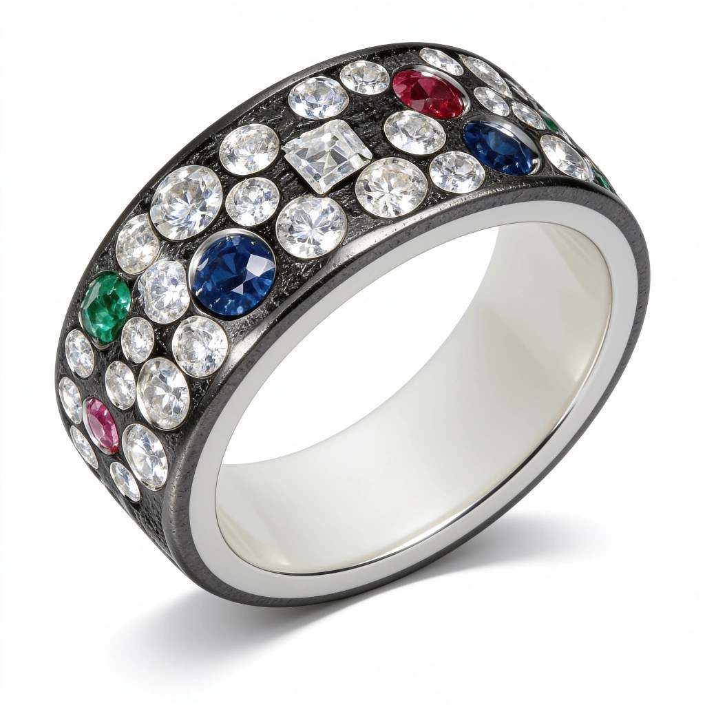 950 platinum diamond band with natural ruby sapphire and emerald gemstones