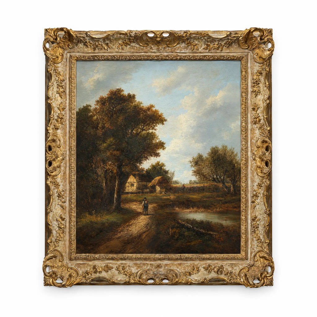 Joseph Thors 19th-century oil painting of an English pastoral landscape with cottages, trees and figures in an ornate gilt frame