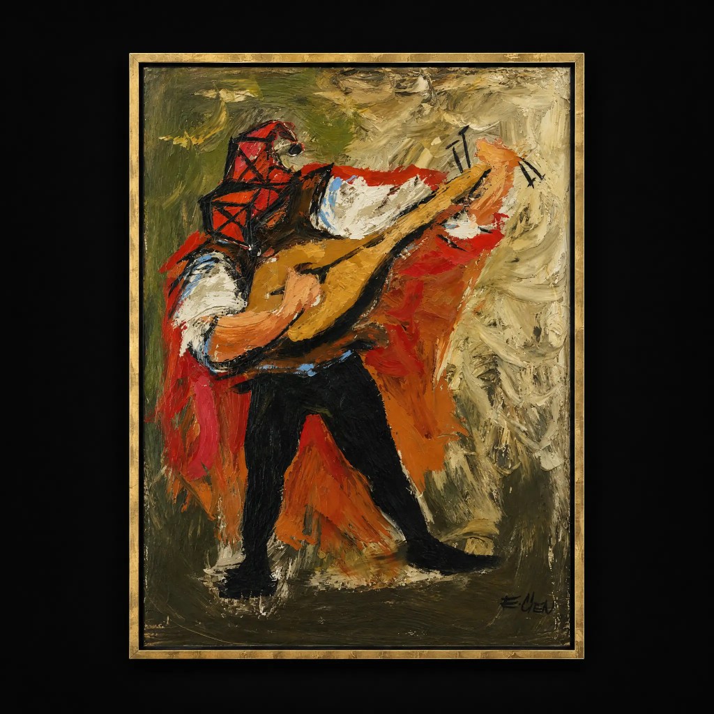 Signed Expressionist original painting of a guitarist with bold textured brushwork in red, ochre, black and cream