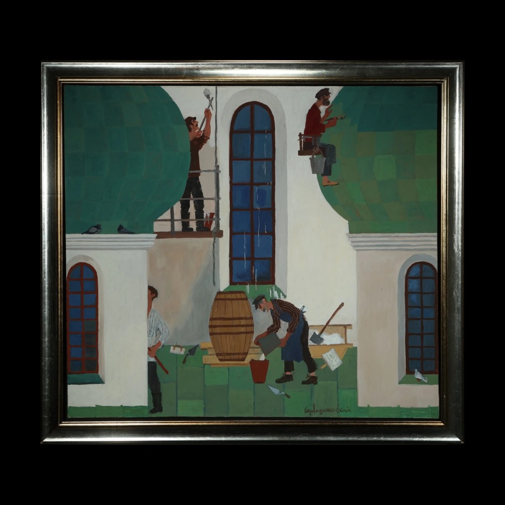 Yefim Ladizhinsky 1974 tempera painting Repairing the Uspenskaya Church in Odessa with craftsmen at work