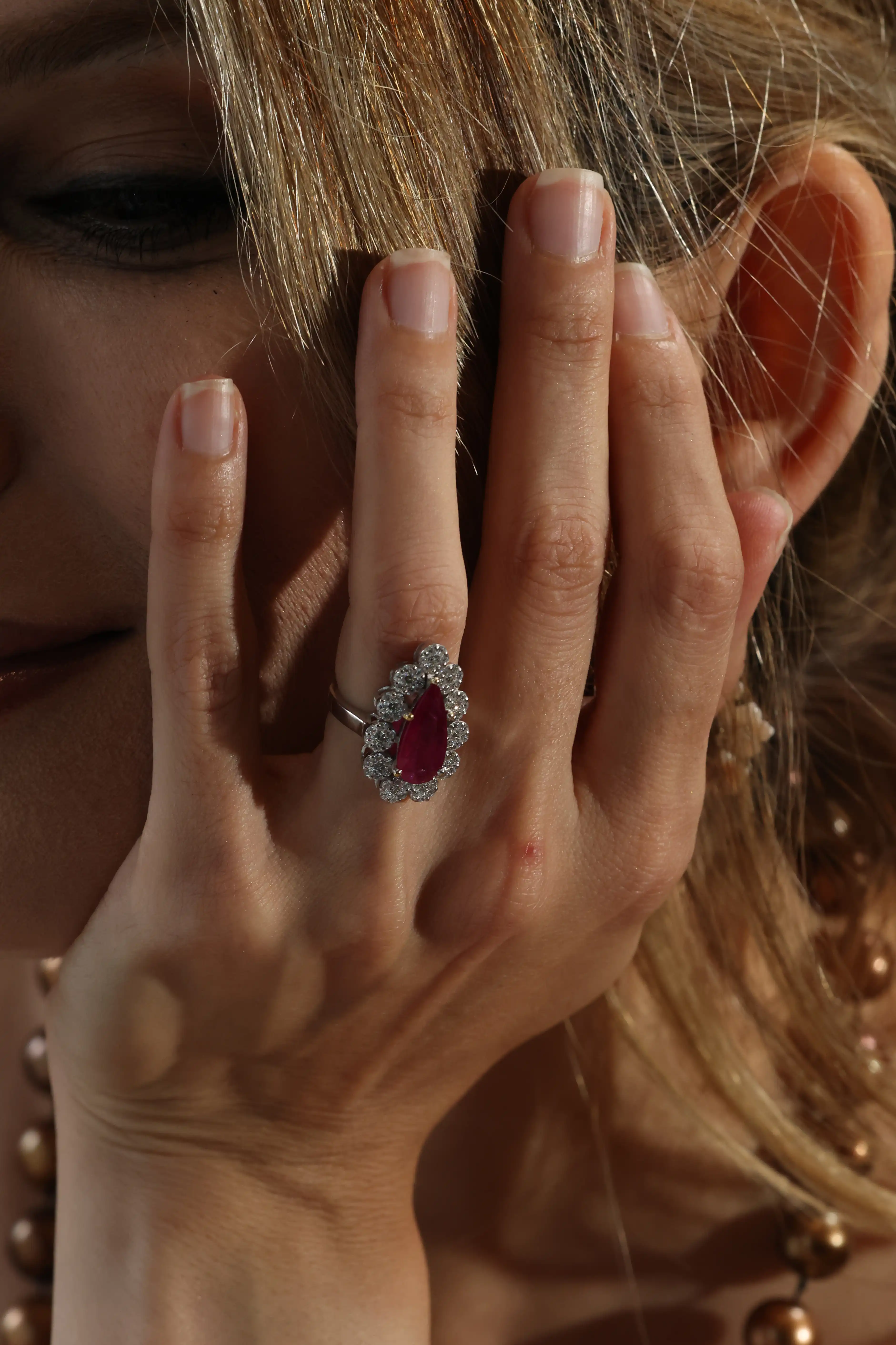 18K White Gold Ruby & Diamond Halo Ring - Image 2