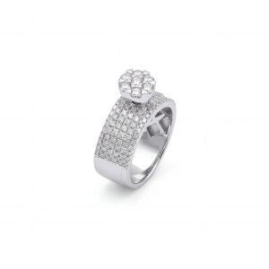18K white gold statement ring with pavé-set diamonds and raised seven-diamond floral cluster.