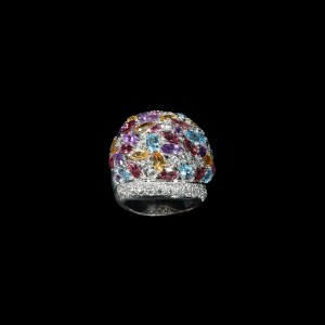 18K white gold cocktail ring with amethyst, blue topaz, garnet, citrine and brilliant diamonds.